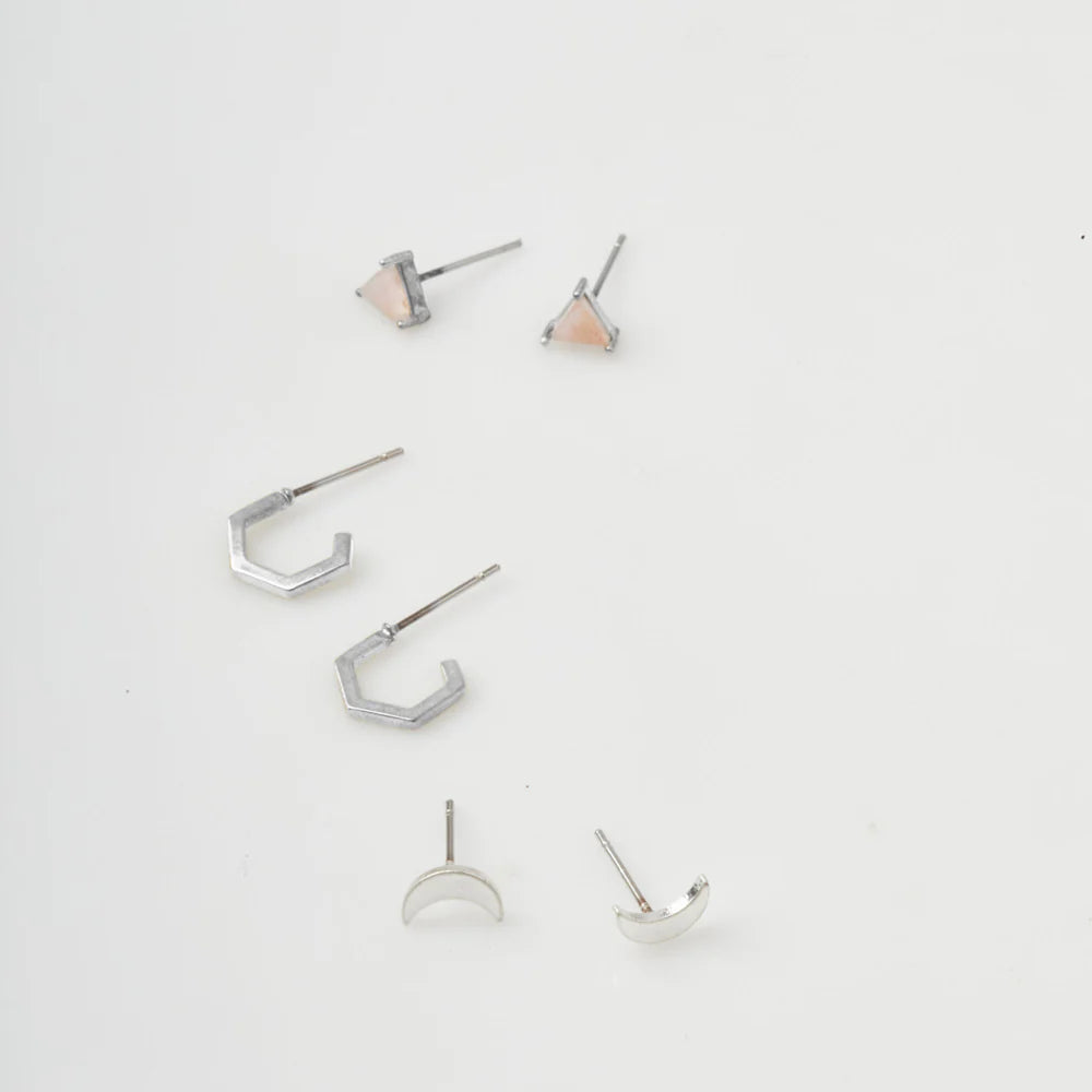 Ella Stud Trio - Silver + Rose Quartz