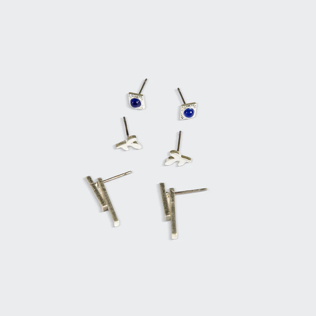 Stud Trio Ear Jacket - Silver Leaf Lapis
