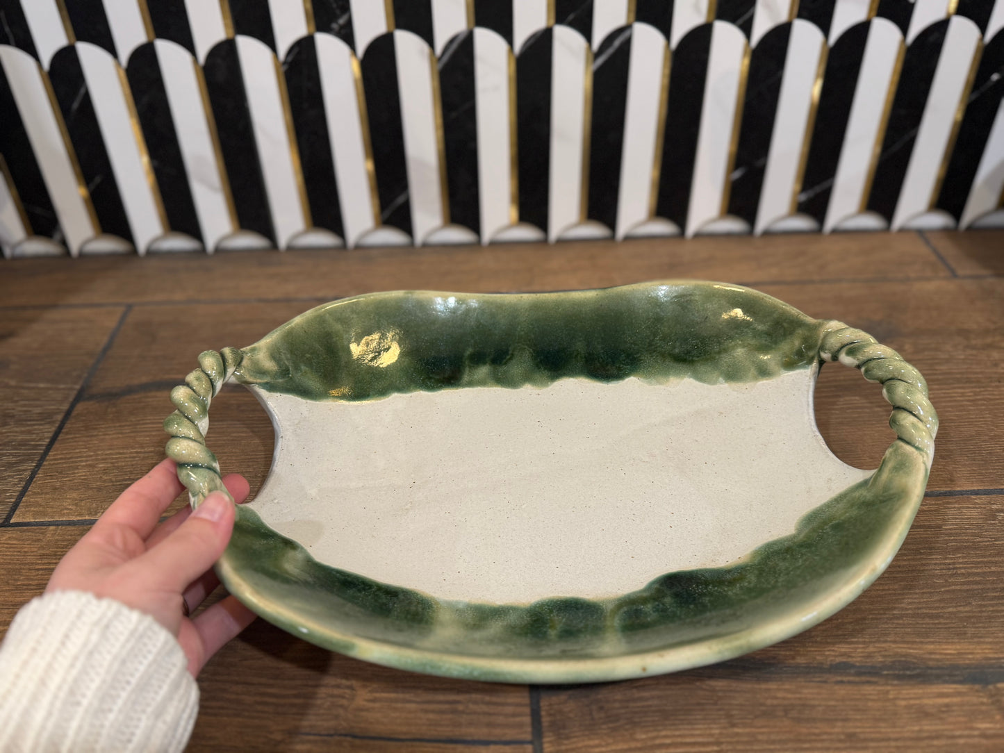 Green and White Pottery Serving Platter