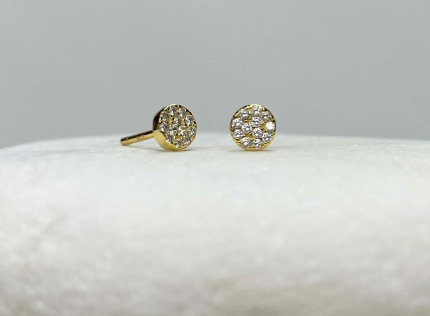 Twinkle Full Moon Round Studs Earrings with Clear CZ Crystals 14kt Gold Plated Sterling Silver .925