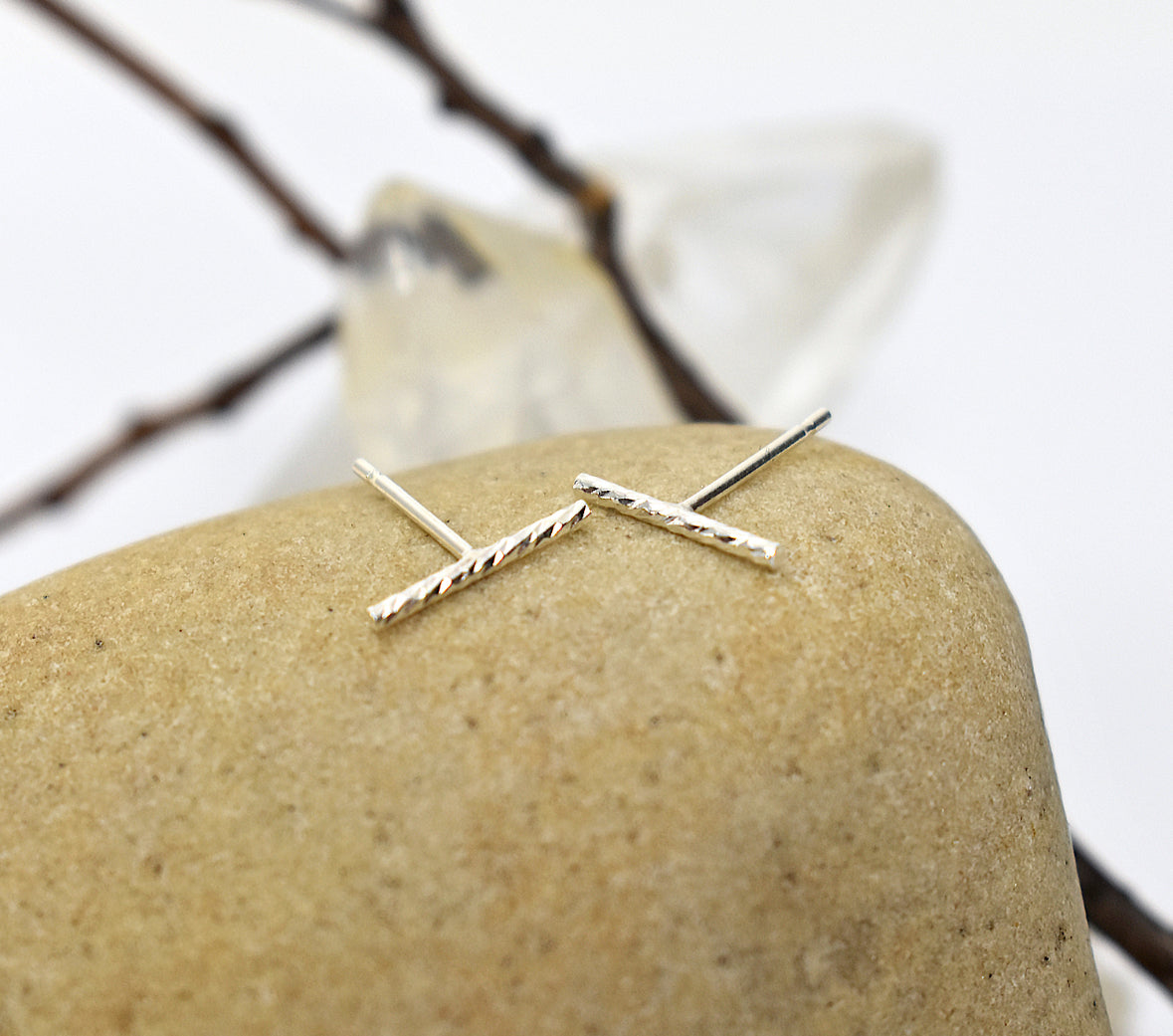 10mm Sparkle Bar Staple Studs Earrings Sterling Silver .925