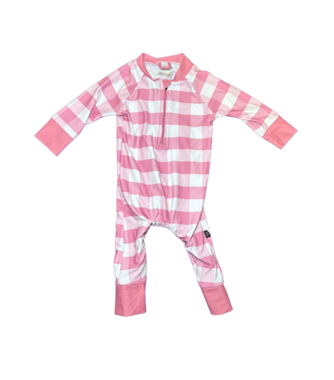 Honeysuckle Gingham Print Pink Rash Guard - 6/12 Month