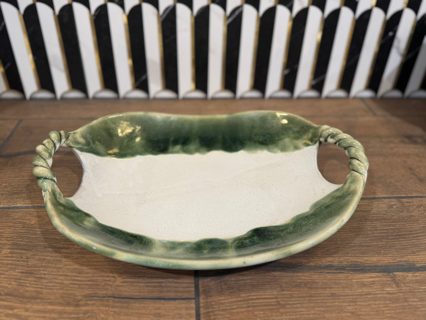 Green and White Pottery Serving Platter