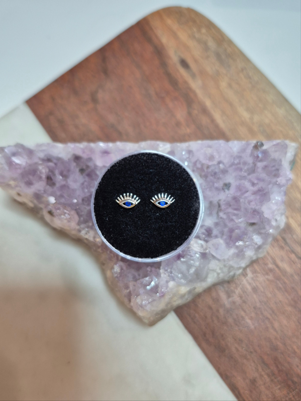 Evil Eye Studs Earrings With Blue CZ Crystals Sterling Silver .925