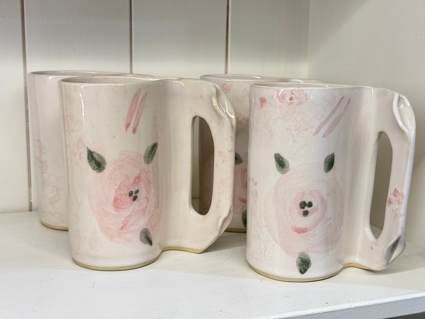 Set of 4 Pottery Mugs - Rose Print