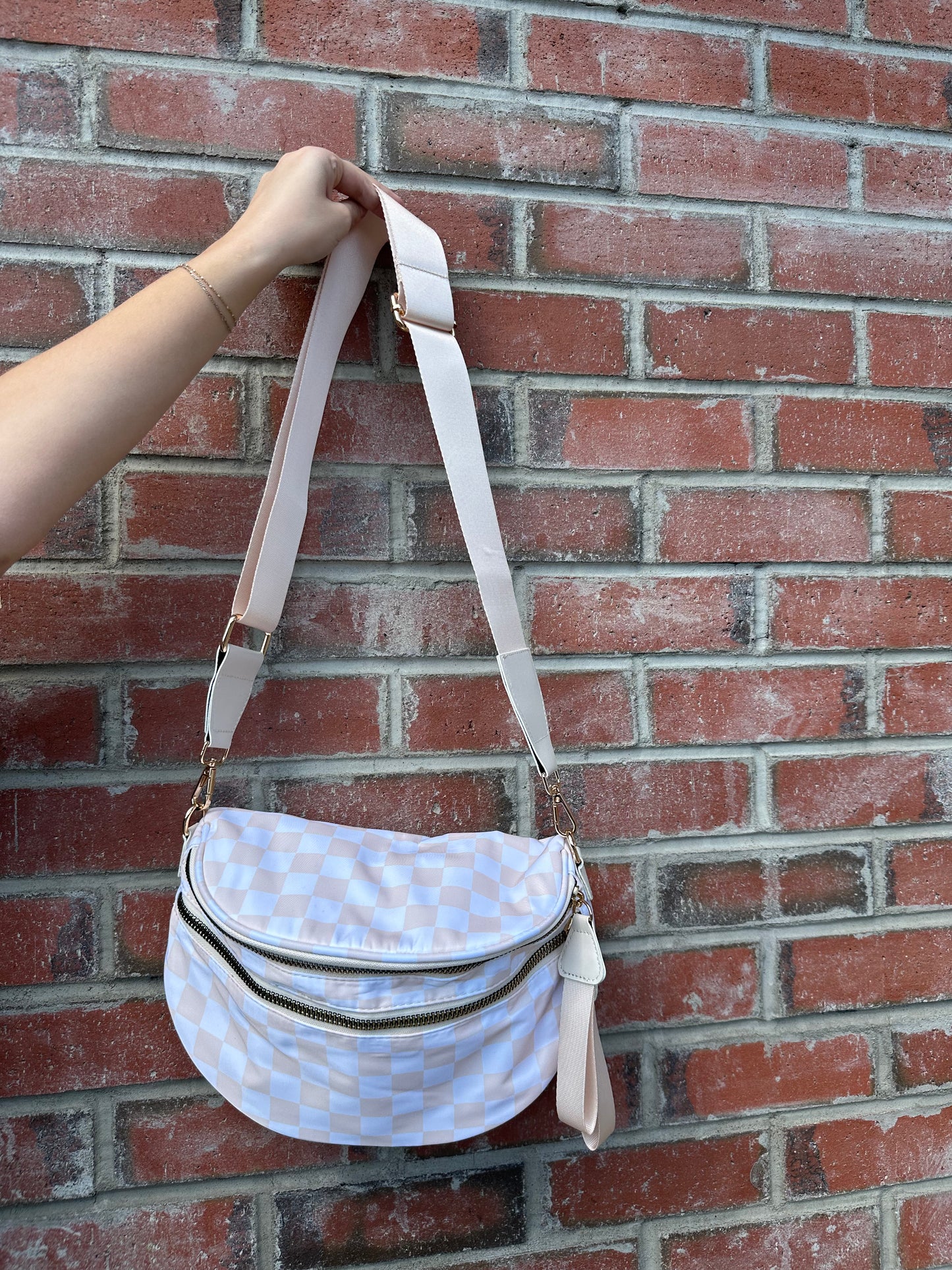 Large Beige Checkered Crossbody Bag