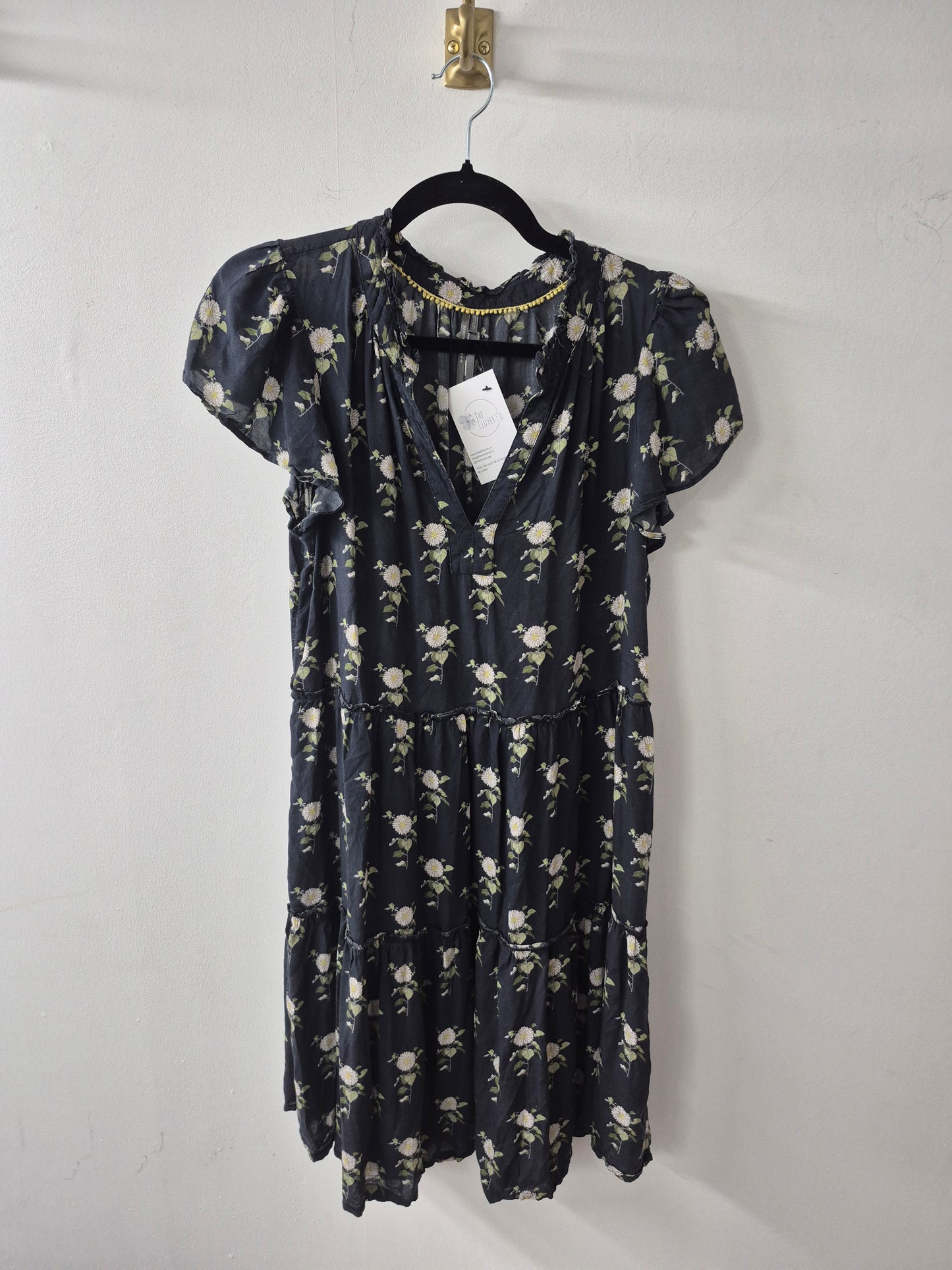 Anthropologie Ruffle Sleeve Dress Black Floral Size Medium