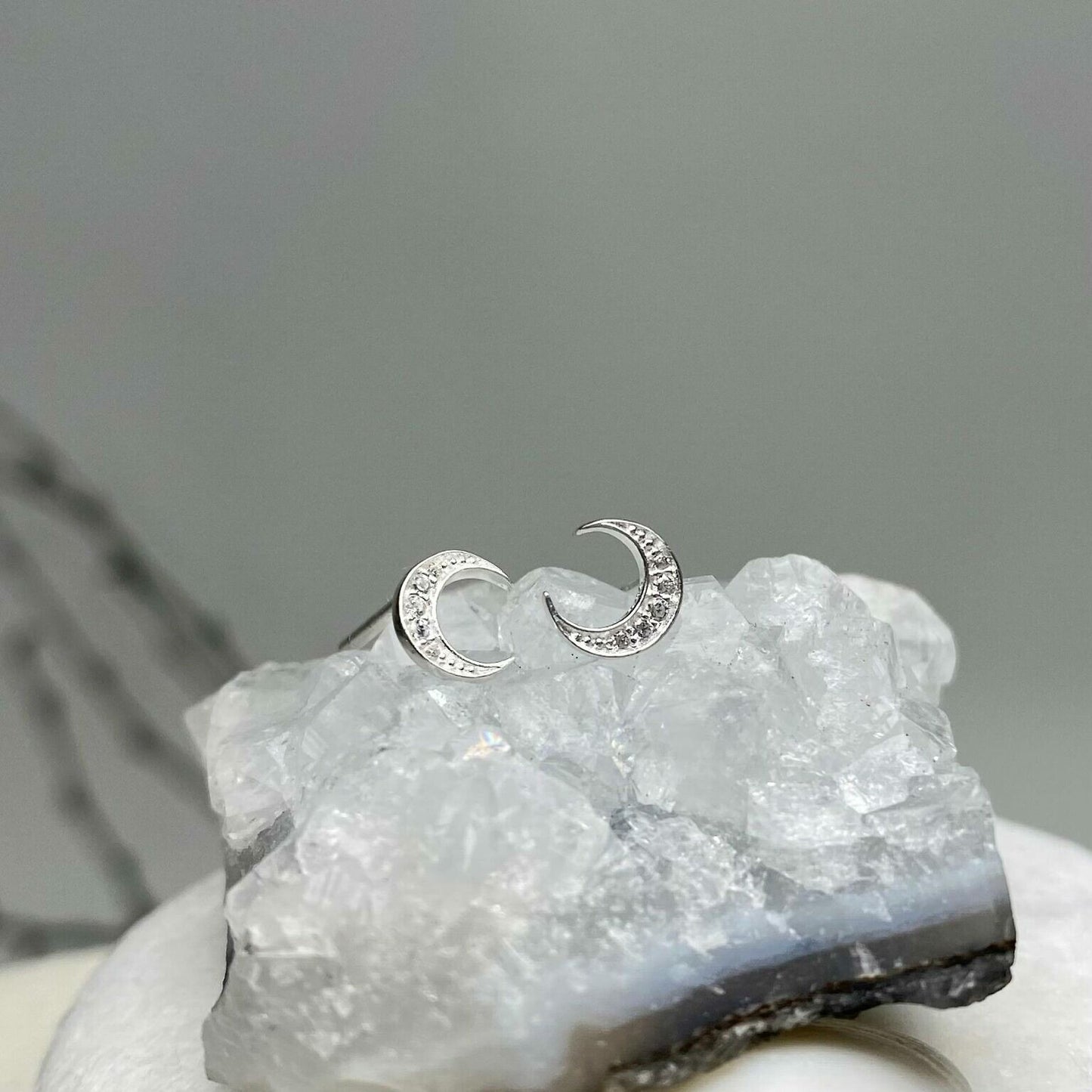 Crescent Moon Phase Stud Earrings with Clear CZ Crystals Sterling Silver .925