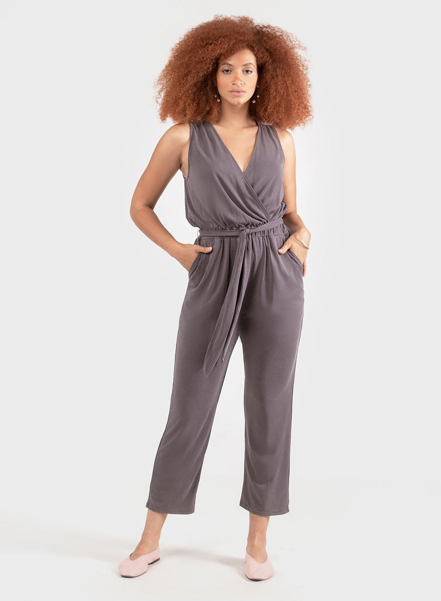 Dex Sueded Jersey Belted Wrap Jumpsuit In Slate Grey Size XS