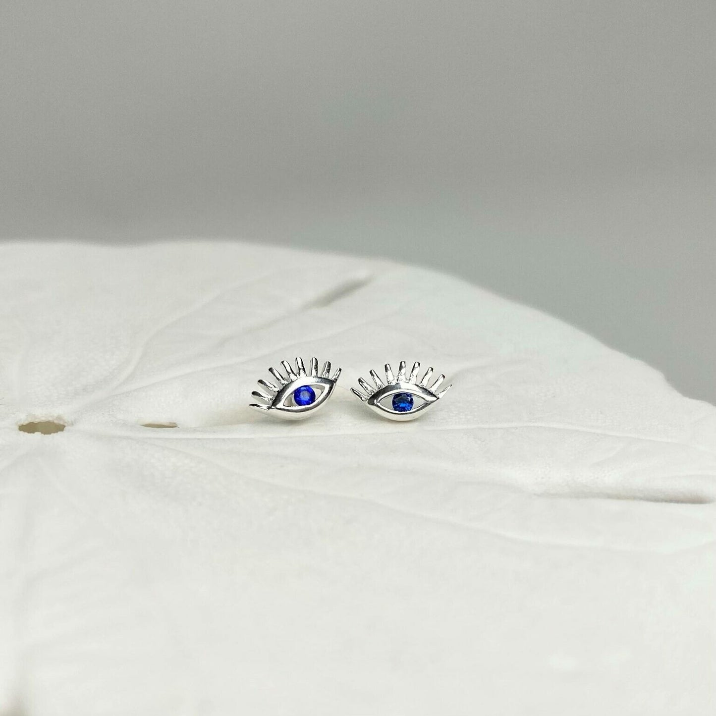 Evil Eye Studs Earrings With Blue CZ Crystals Sterling Silver .925