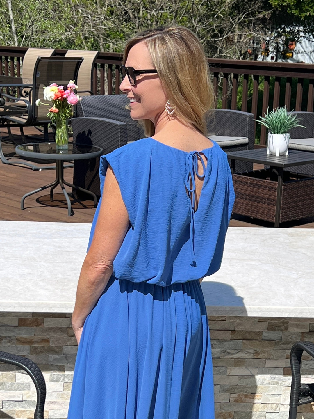 Long Blue Bubble Hem Waist Dress Size Small