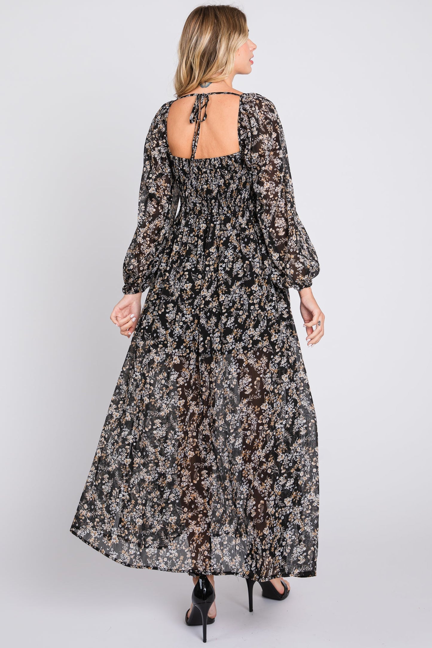 NWT PinkBlush Promesa Black Floral Chiffon V-Neck Velvet Trim Maxi Dress Size Medium