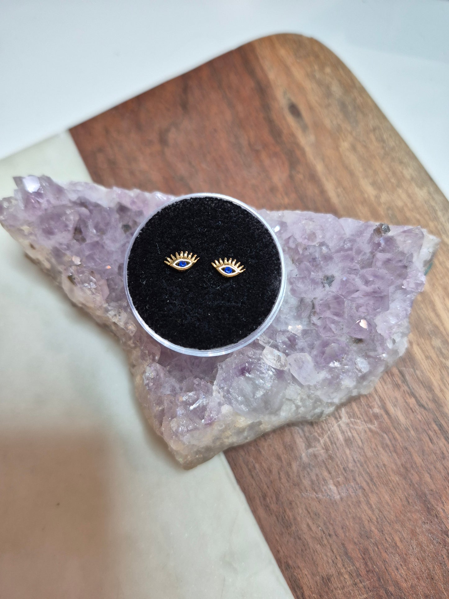 Evil Eye Studs Earrings With Blue CZ Crystals 14kt Gold Plated Sterling Silver .925 – Protective Coating