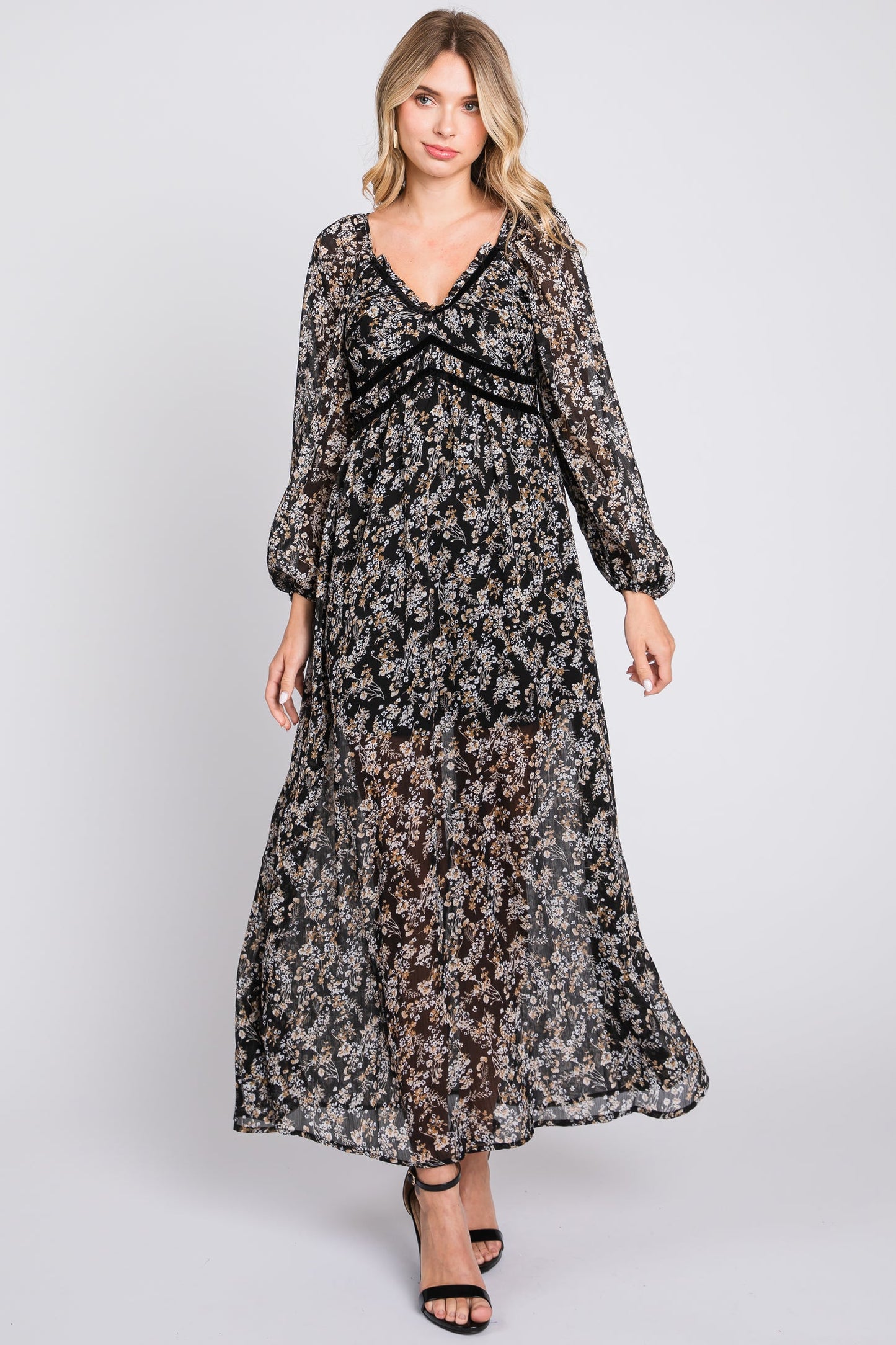 NWT PinkBlush Promesa Black Floral Chiffon V-Neck Velvet Trim Maxi Dress Size Medium