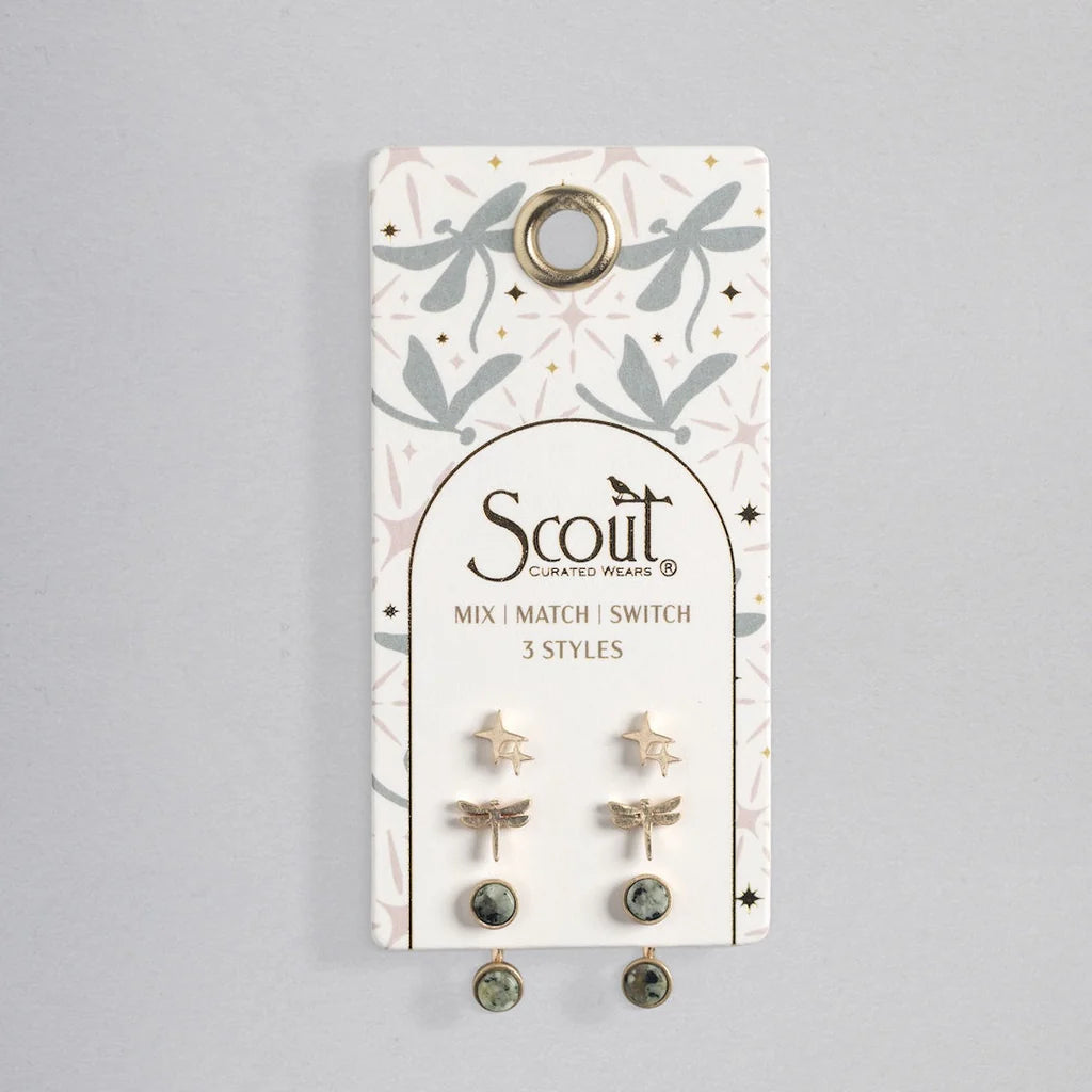 Stud Trio Ear Jacket Set - Gold Dragonfly African Turquoise