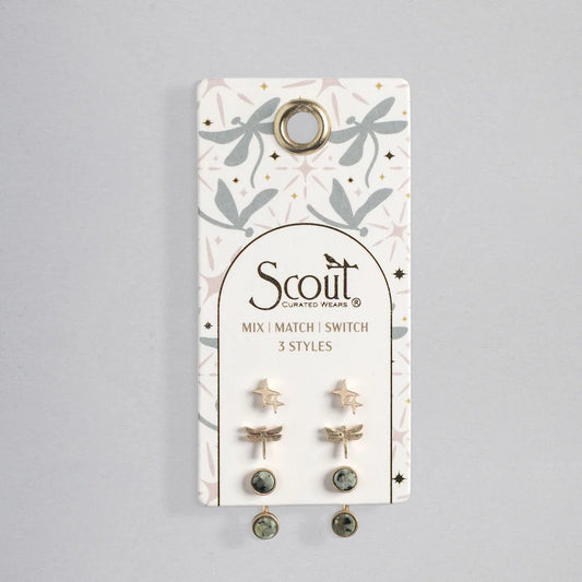 Stud Trio Ear Jacket Set - Gold Dragonfly African Turquoise