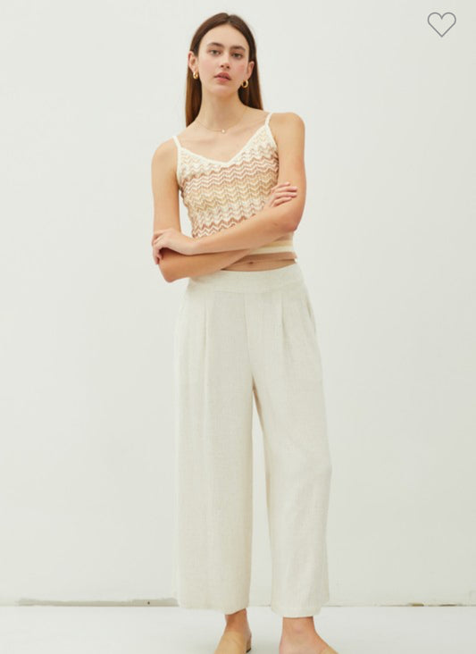 Linen Blend Pleated Wide Leg Crop Trouser