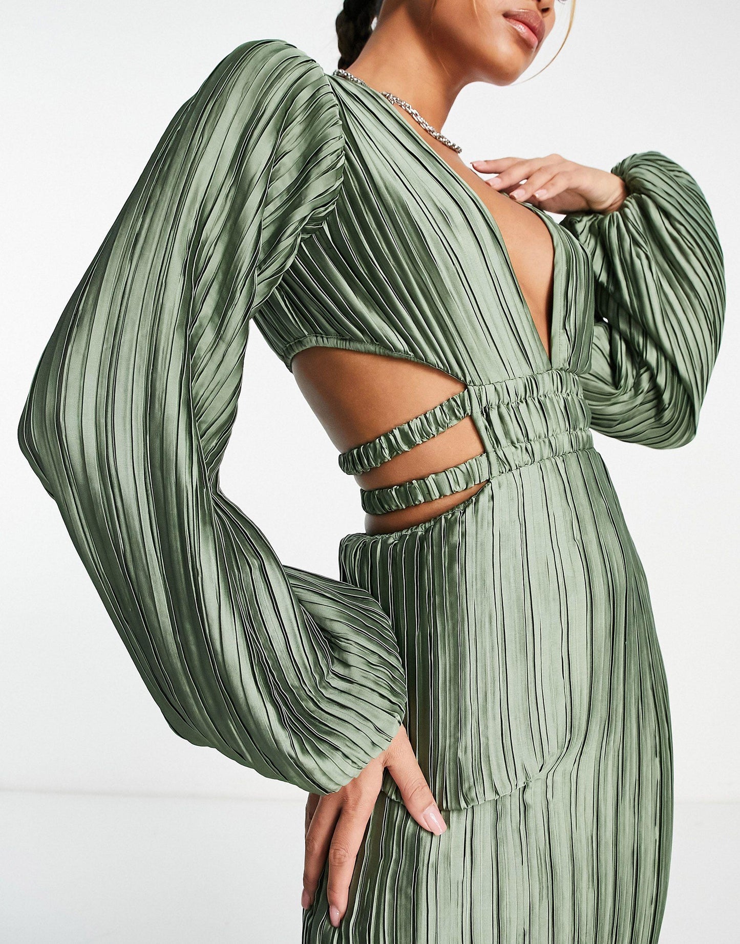 Asos Satin Plisse Midi Dress With Cut Out Waist Sz 10 NWT