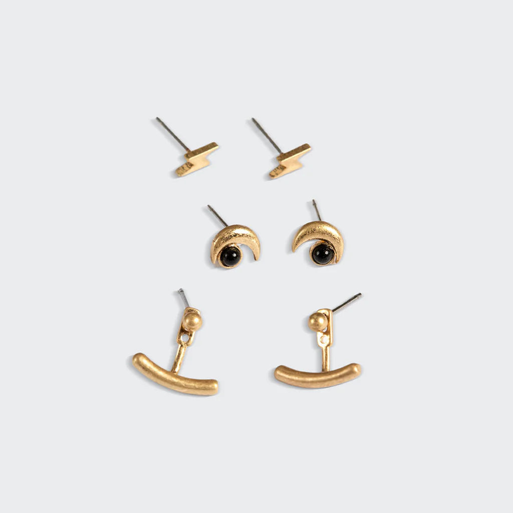 Stud Trio Ear Jacket - Gold Moon Black Spinel