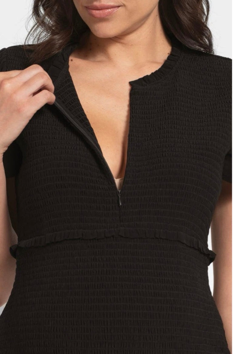 SERAPHINE Black Smocked Nursing Dress - Front Zip Access -  Sz 14