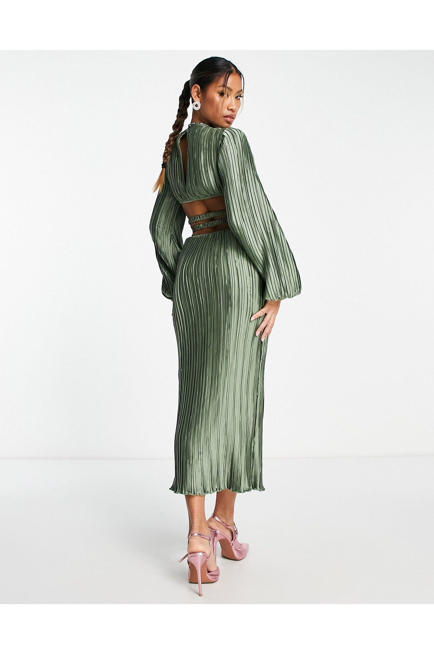 Asos Satin Plisse Midi Dress With Cut Out Waist Sz 10 NWT