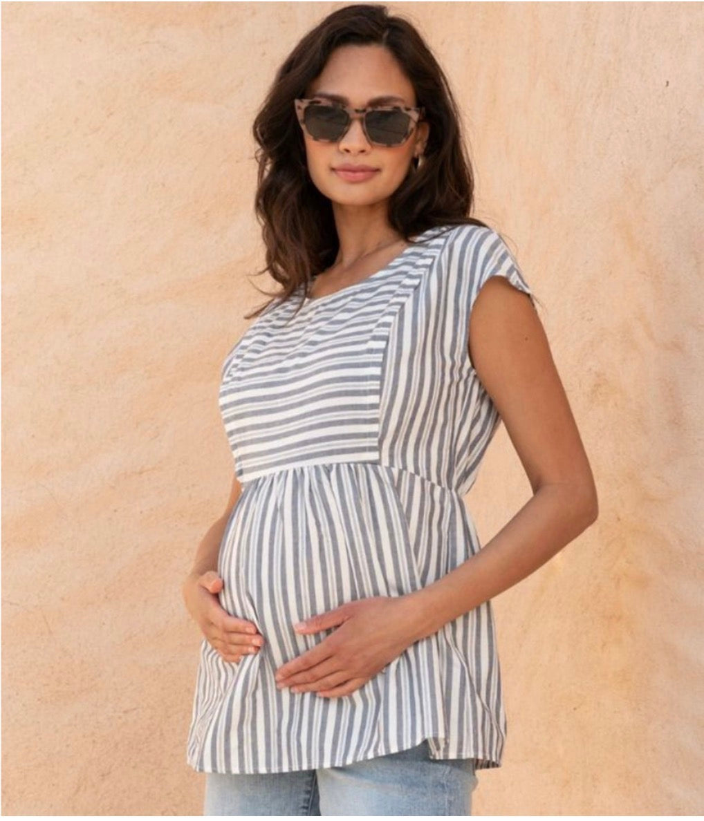 Seraphine Striped Nursing Blouse with Waist Tie Maternity Top Sz 10