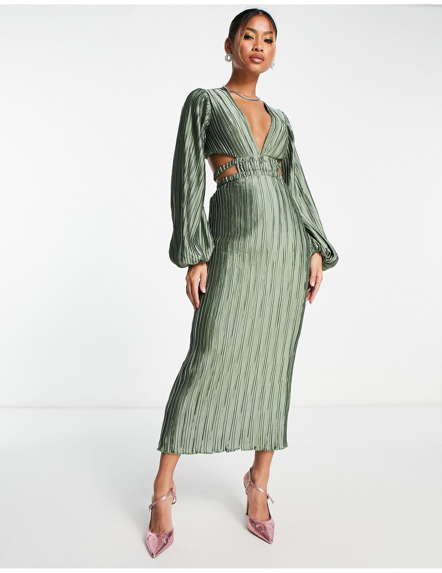Asos Satin Plisse Midi Dress With Cut Out Waist Sz 10 NWT