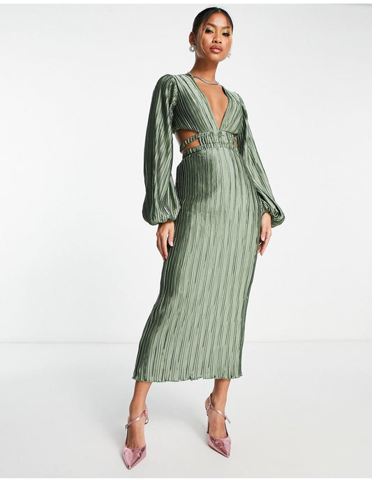 Asos Satin Plisse Midi Dress With Cut Out Waist Sz 10 NWT