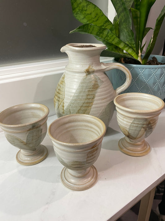 Pottery Pitcher and Thee Goblets