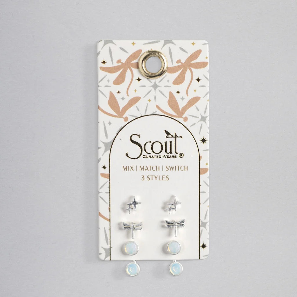 Stud Trio Ear Jacket - Silver Dragonfly Opalite