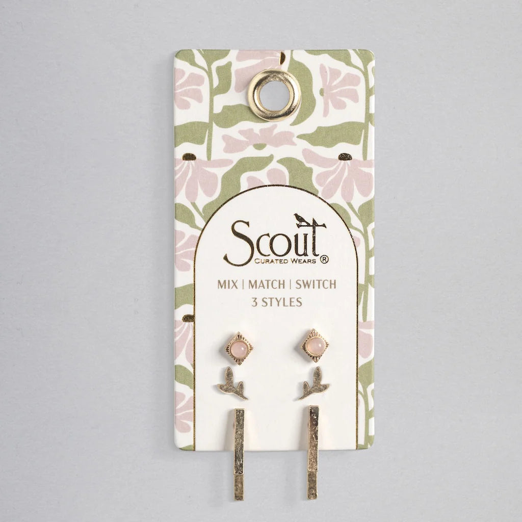 Stud Trio Ear Jacket Set - Gold Leaf Rose Quartz