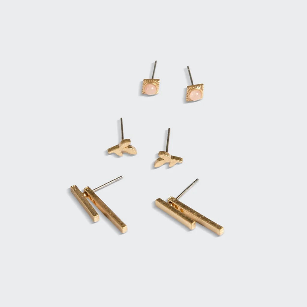 Stud Trio Ear Jacket Set - Gold Leaf Rose Quartz