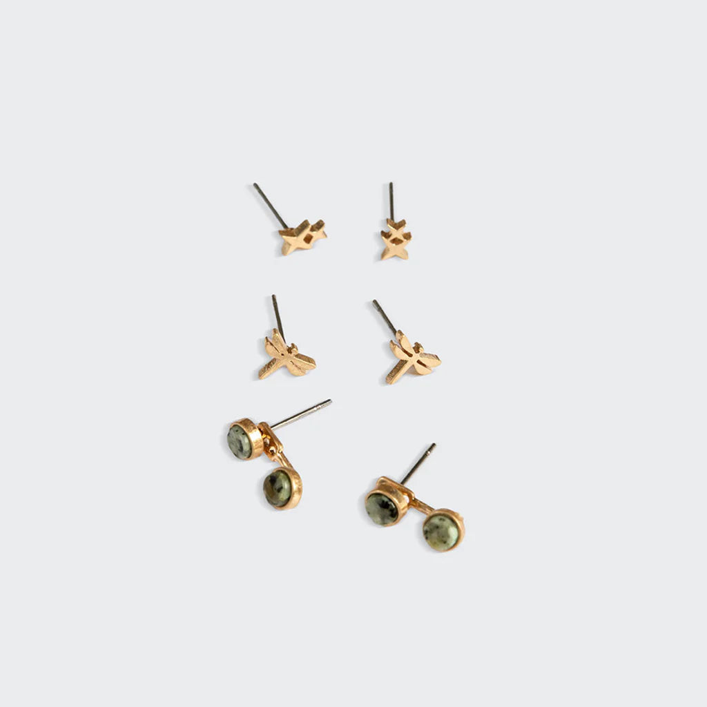 Stud Trio Ear Jacket Set - Gold Dragonfly African Turquoise