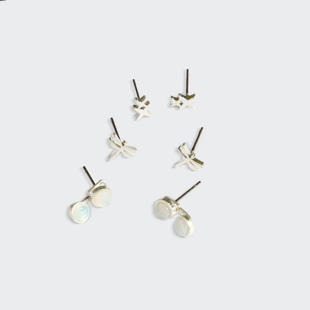 Stud Trio Ear Jacket - Silver Dragonfly Opalite