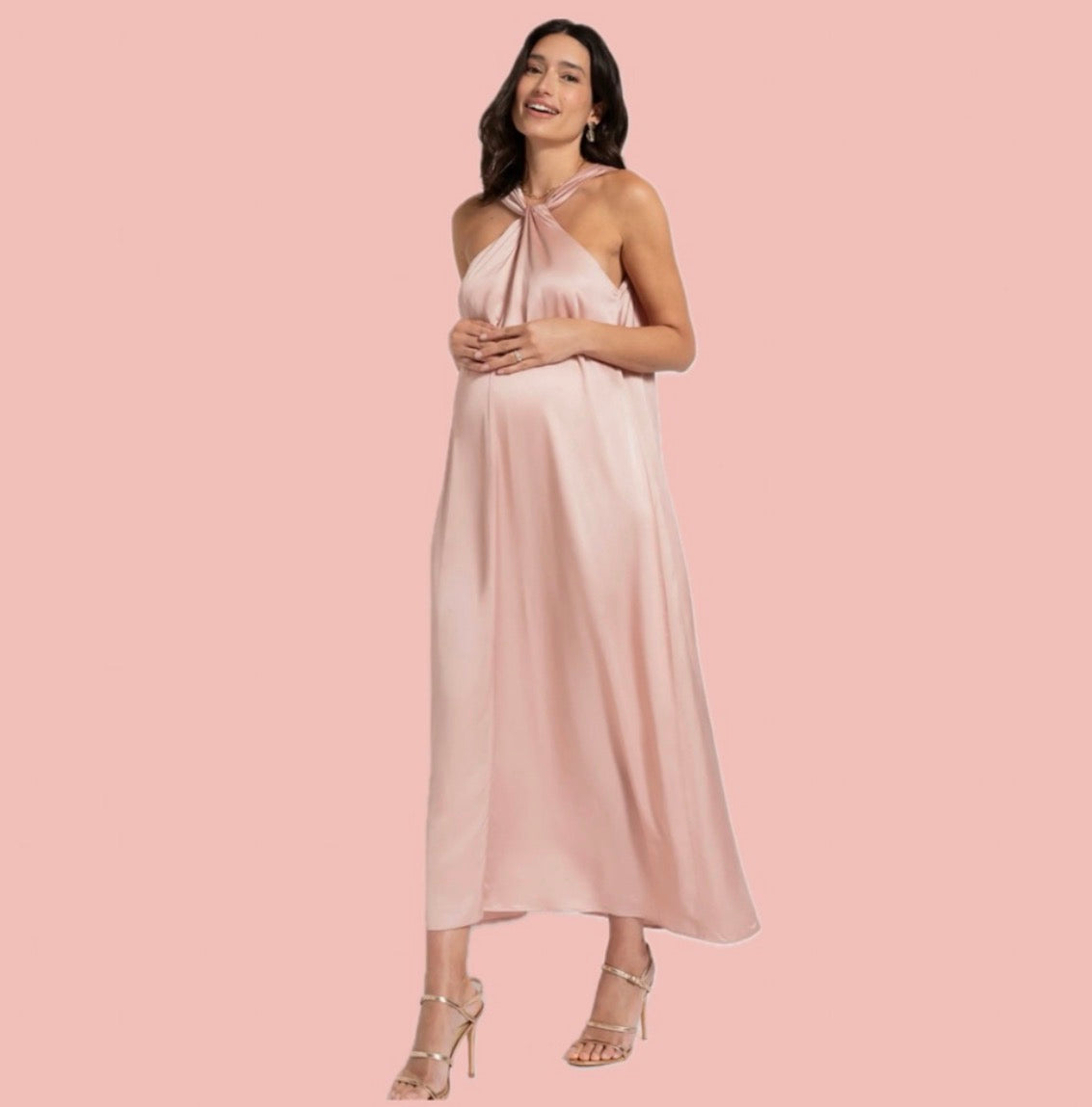 SERAPHINE Luxe Satin Maxi Dress
Blush Pink - Convertible Neck, Maternity Sz 2