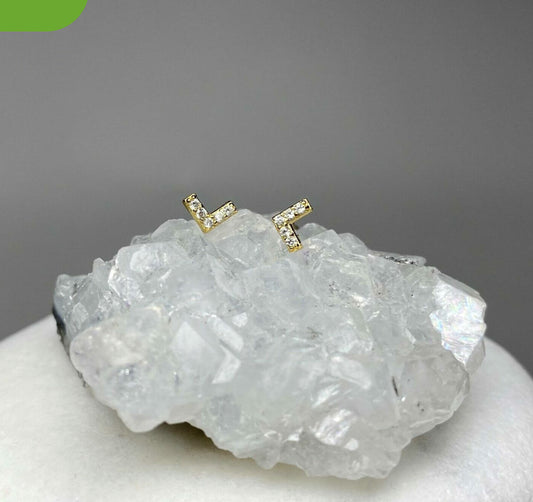 Mini Victory Chevron Studs Earrings with Clear CZ Crystals 14kt Gold Plated Sterling Silver .925