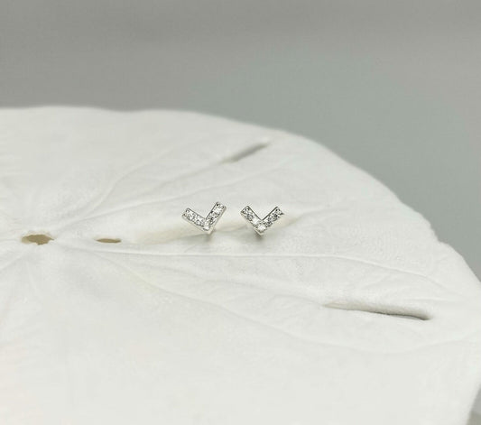 Mini Victory Chevron Studs Earrings with Clear CZ Crystals Sterling Silver .925
