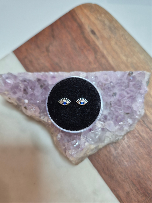 Evil Eye Studs Earrings With Blue CZ Crystals Sterling Silver .925