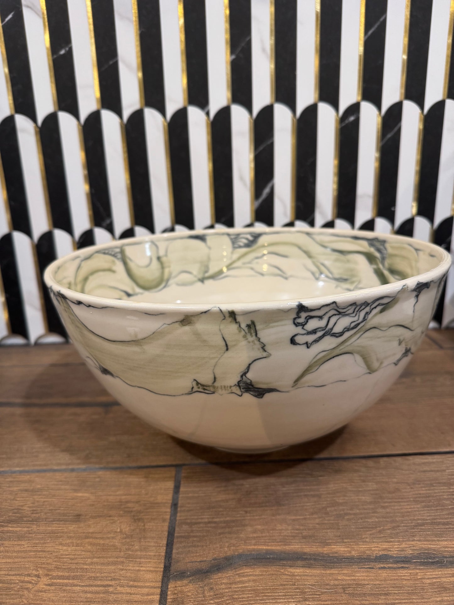 White and Green Large Pottery Bowl
