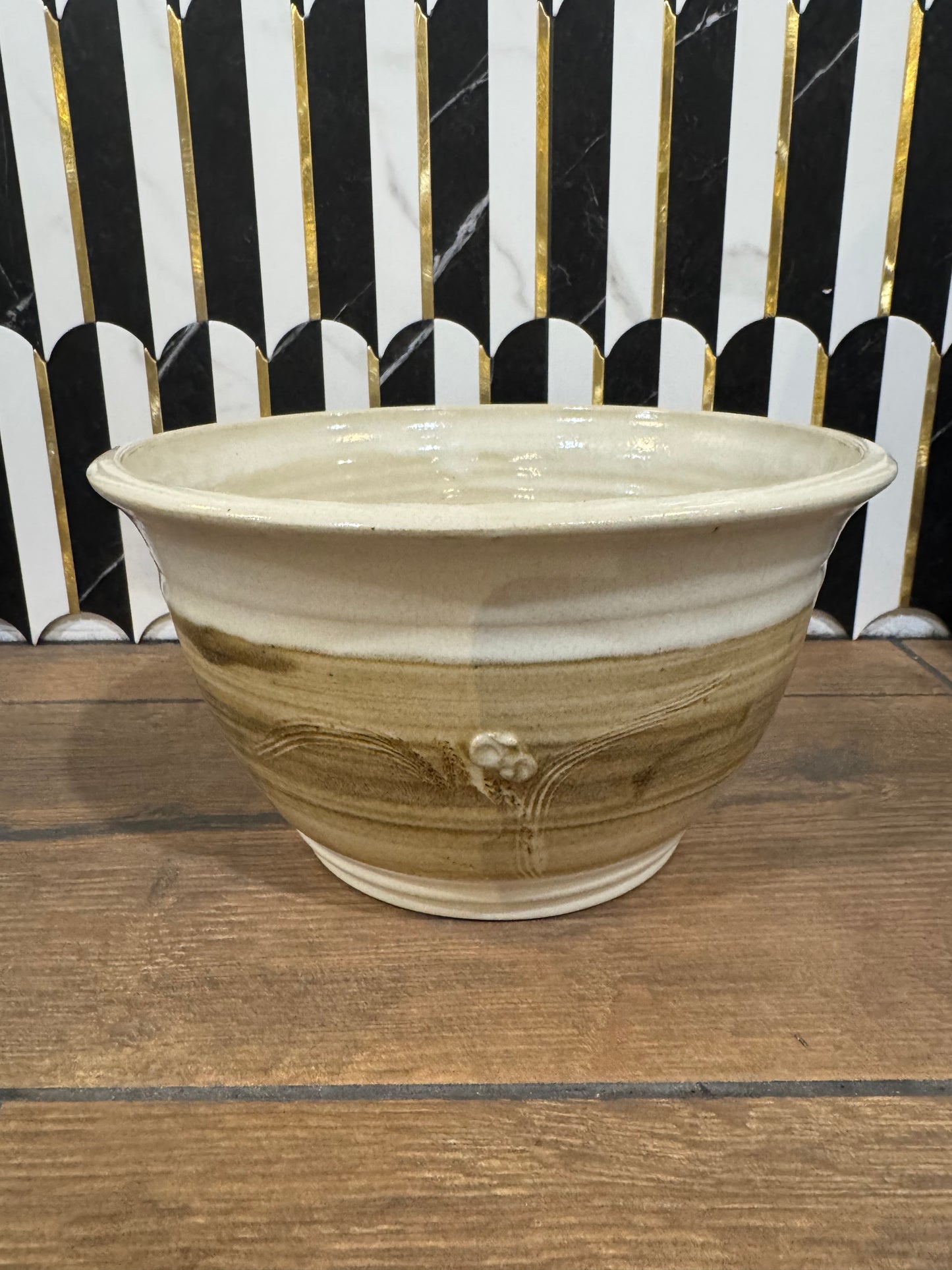 Brown and White Pottery Serving Bowl