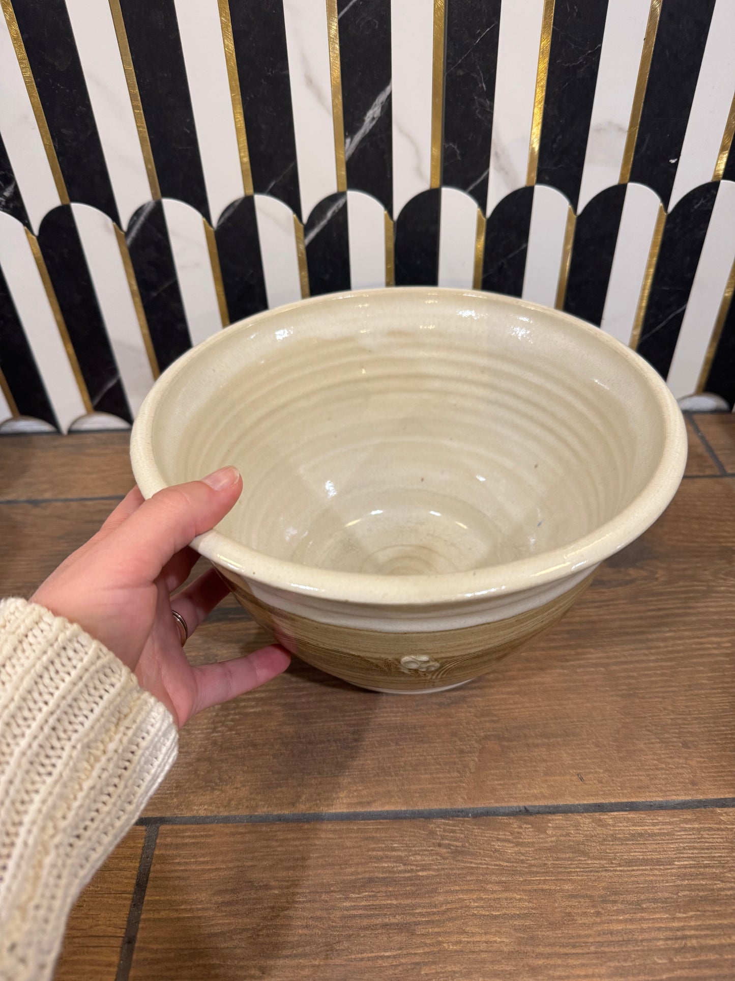 Brown and White Pottery Serving Bowl