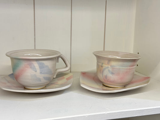 Set of 2 Pottery Teacups and Saucer