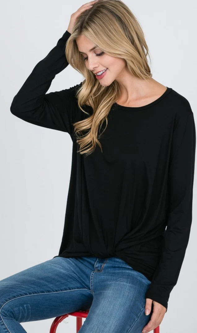 Black Long Sleeve Modal Twist Front