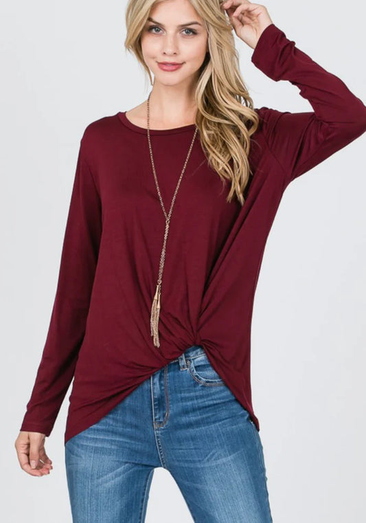 Dark Wine Long Sleeve Modal Twist Front