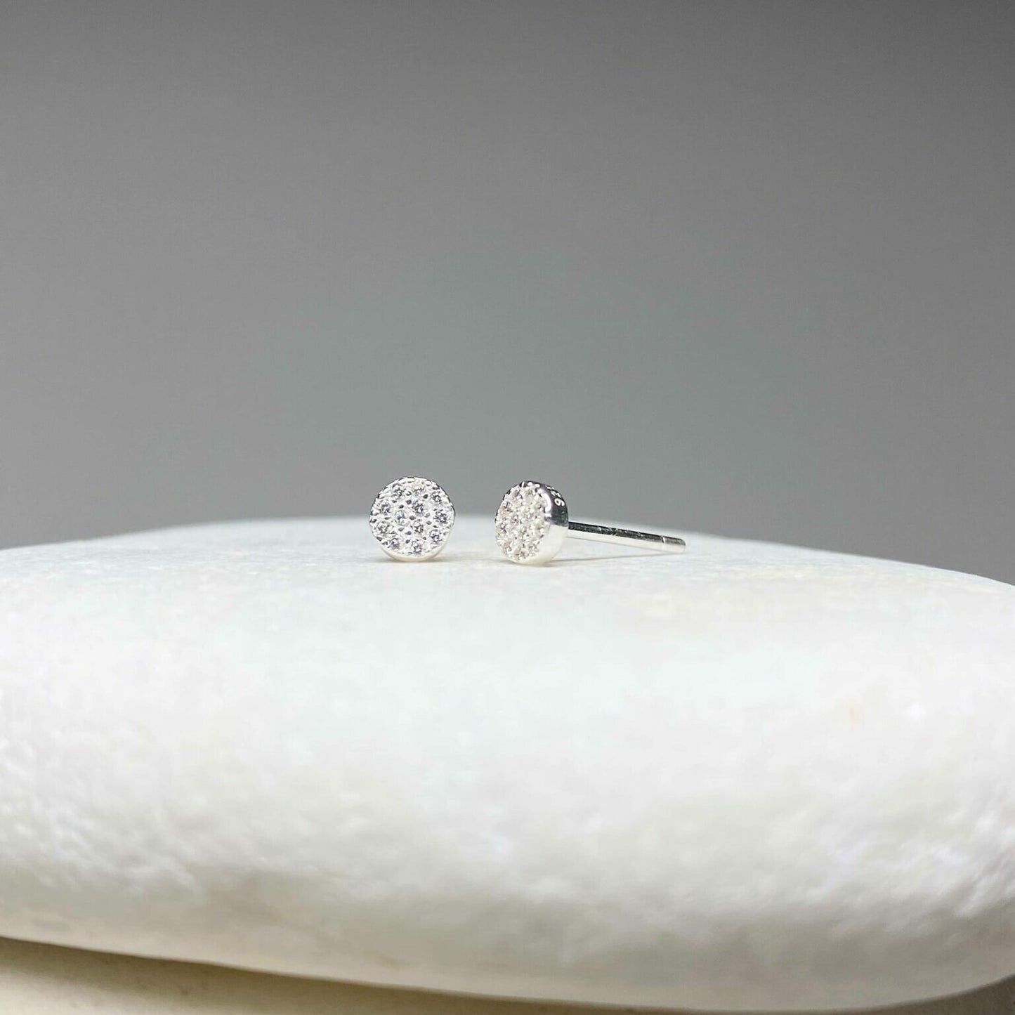 Twinkle Full Moon Round Stud Earrings with Clear CZ Crystals Sterling Silver .925