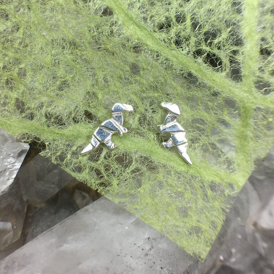 Origami T-Rex Dinosaur Stud Earrings Sterling Silver .925 Amoracast