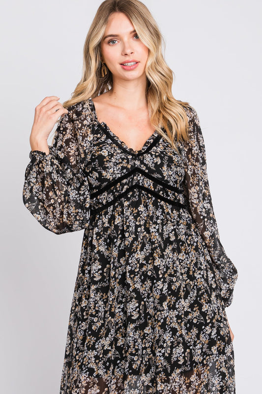 NWT PinkBlush Promesa Black Floral Chiffon V-Neck Velvet Trim Maxi Dress Size Medium