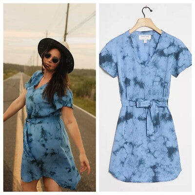 Anthropologie Cloth & Stone Liv Tie Front Blue Tye Dye Mini Dress Size Small