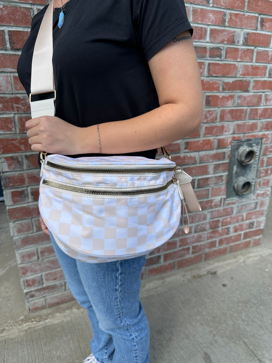 Large Beige Checkered Crossbody Bag