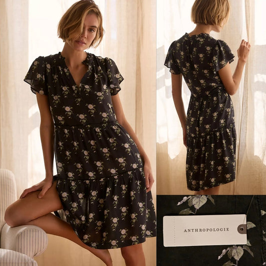 Anthropologie Ruffle Sleeve Dress Black Floral Size Medium